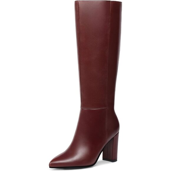 Shoes - Women's Burgundy Classic Chunky Heel Pointed Toe High Heel Side Zipper Tall Boot